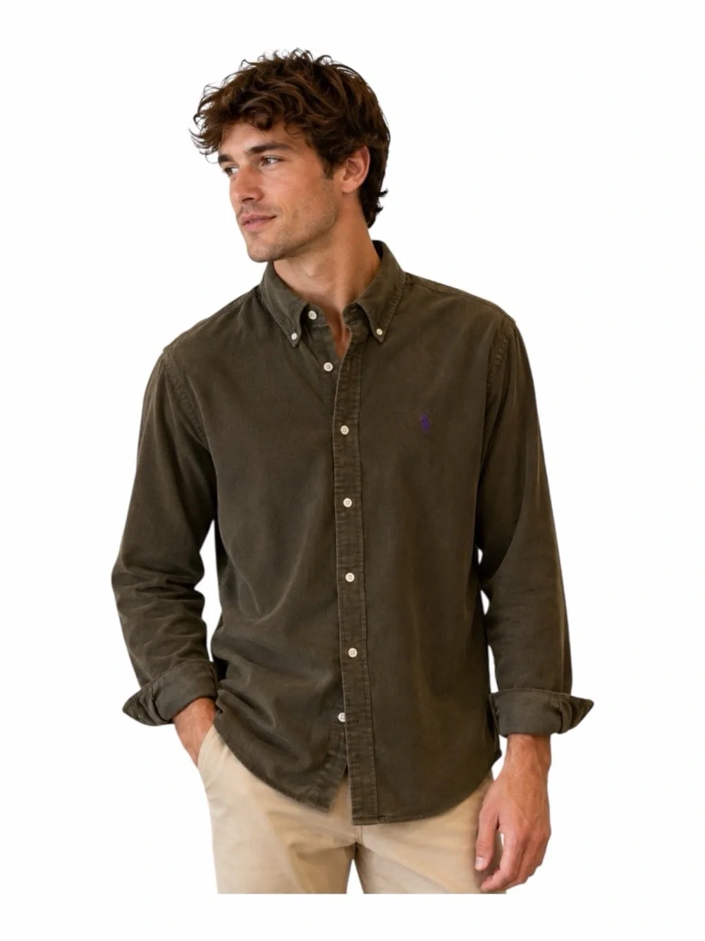 Polo by Ralph Lauren Olive/Brown Corduroy Button-Down Shirt with Purple Logo M